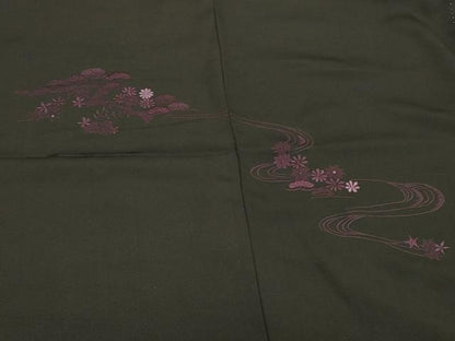 平和屋着物＃羽織　総刺繍　流水草花文　黒地　正絹　逸品　CABK3346in