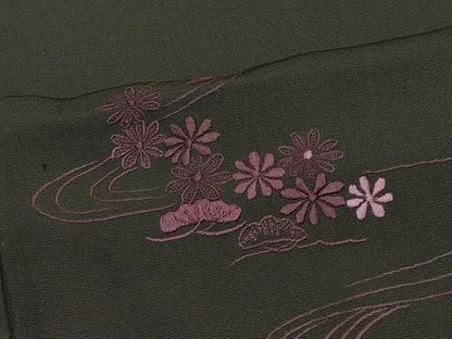 平和屋着物＃羽織　総刺繍　流水草花文　黒地　正絹　逸品　CABK3346in