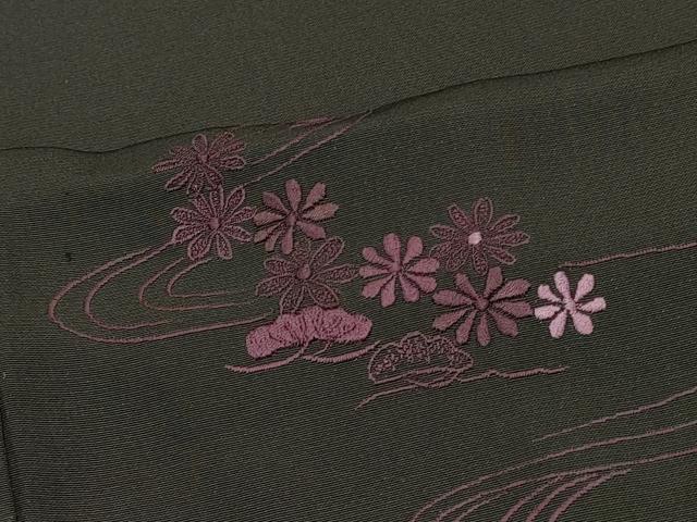 平和屋着物＃羽織　総刺繍　流水草花文　黒地　正絹　逸品　CABK3346in