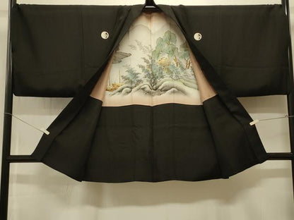 平和屋着物＃男性　羽織　黒紋付き　キングサイズ　正絹　逸品　CABK3358in
