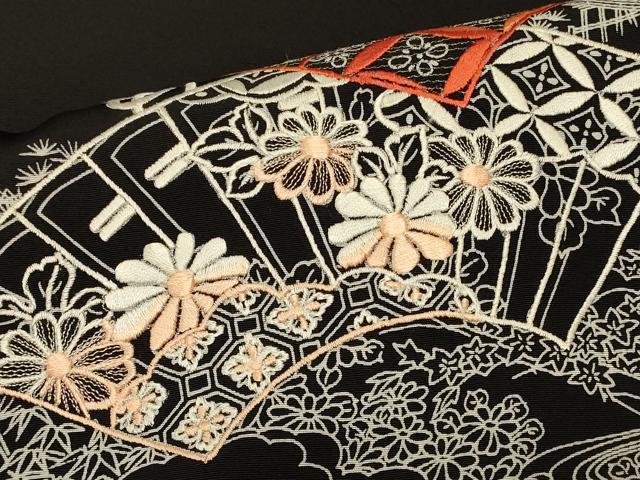 平和屋着物＃羽織 刺繍 地紙風景花文 黒地 正絹 逸品 CABK3359in