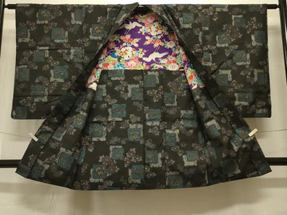 平和屋着物＃羽織 破れ色紙花鳥文 黒地 正絹 逸品 CABK3367in
