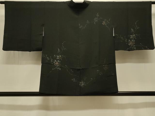 平和屋着物＃羽織 寿光織 枝花文 黒地 金銀糸 正絹 逸品 CABK3371in