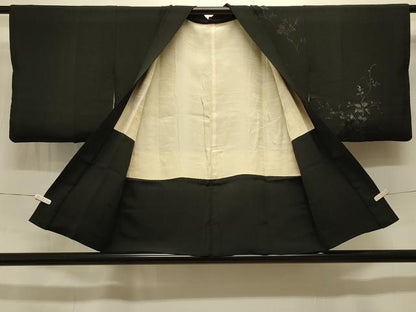 平和屋着物＃羽織 寿光織 枝花文 黒地 金銀糸 正絹 逸品 CABK3371in