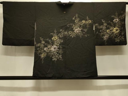 平和屋着物＃羽織 寿光織 草花文 黒地 金銀糸 正絹 逸品 CABK3380in