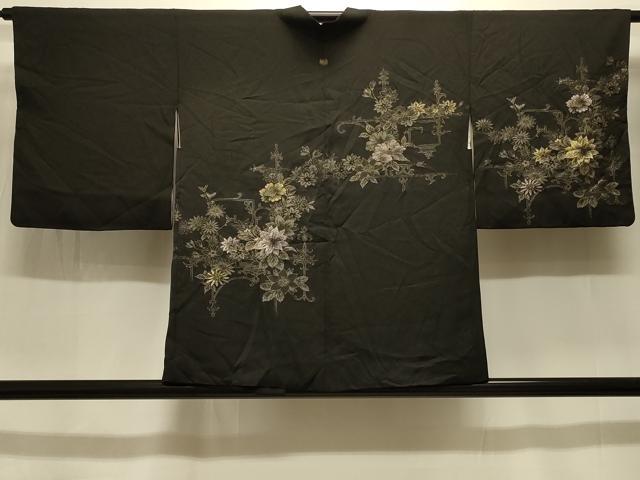 平和屋着物＃羽織 寿光織 草花文 黒地 金銀糸 正絹 逸品 CABK3380in
