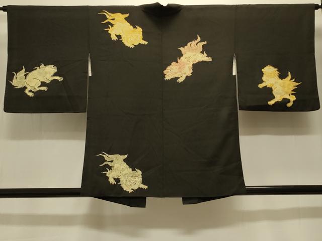 平和屋着物＃羽織 刺繍 唐獅子 黒地 正絹 逸品 CABK3382in