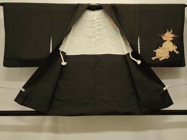 平和屋着物＃羽織 刺繍 唐獅子 黒地 正絹 逸品 CABK3382in