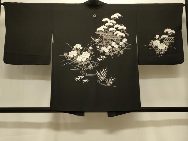平和屋着物＃中国三大刺繍 相良刺繍 総刺繍 羽織 流水風景花文 黒地 正絹 逸品 CABK3387in