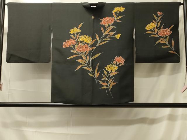 平和屋着物＃羽織　草花文　黒地　正絹　逸品　CABK3401in