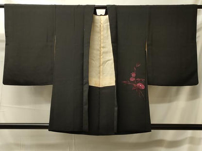 平和屋着物＃羽織 総刺繍 草花文 黒地 正絹 逸品 CABK3418in