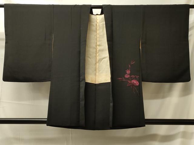 平和屋着物＃羽織 総刺繍 草花文 黒地 正絹 逸品 CABK3418in