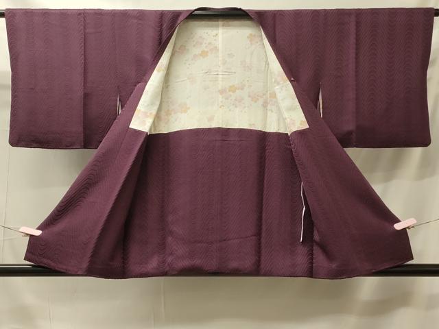 平和屋着物＃道行コート　色無地　よろけ縞地紋　紫鳶色　正絹　逸品　CABK3419in