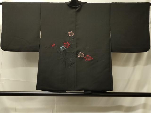 平和屋着物＃羽織 総刺繍 枝花文 黒地 正絹 逸品 CABK3440in