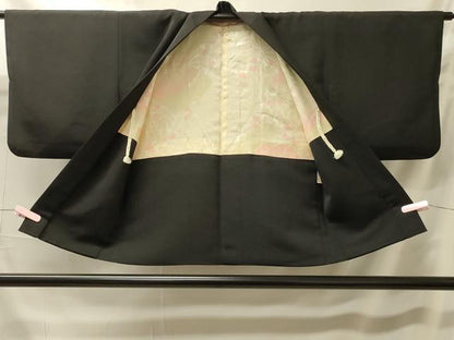 平和屋着物＃羽織 総刺繍 枝花文 黒地 正絹 逸品 CABK3440in