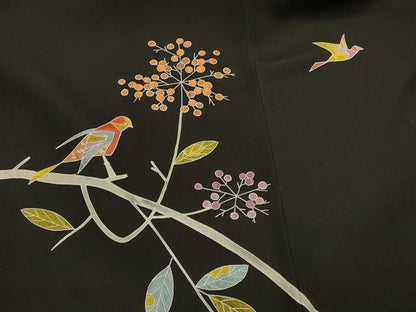 平和屋着物＃羽織 刺繍 花鳥文 黒地 正絹 逸品 未使用 CABK3465in