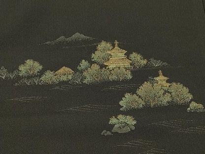 平和屋着物＃羽織 寿光織 風景文 黒地 金糸 正絹 逸品 未使用 CABK3472in