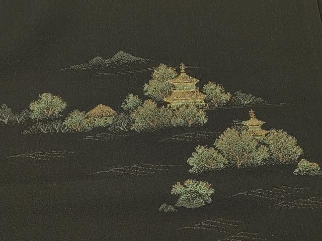 平和屋着物＃羽織 寿光織 風景文 黒地 金糸 正絹 逸品 未使用 CABK3472in