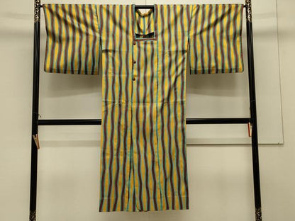 平和屋着物＃道行コート　雨コート　単衣　変わり縞　ロング丈　正絹　逸品　CABK3477in