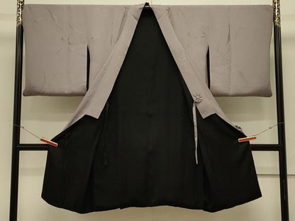 平和屋着物＃道中着　リバーシブル　色無地　笹地紋　霞色　黒地　ロング丈　正絹　逸品　CABK3479in