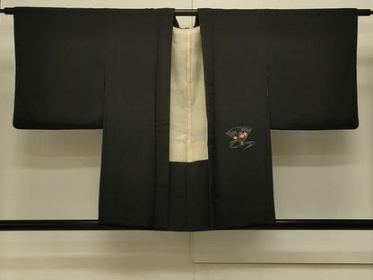 平和屋着物＃羽織 駒刺繍 総刺繍 流水扇面花文 黒地 正絹 逸品 CABK3492in