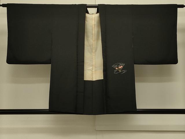 平和屋着物＃羽織 駒刺繍 総刺繍 流水扇面花文 黒地 正絹 逸品 CABK3492in