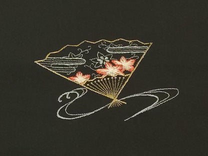 平和屋着物＃羽織 駒刺繍 総刺繍 流水扇面花文 黒地 正絹 逸品 CABK3492in