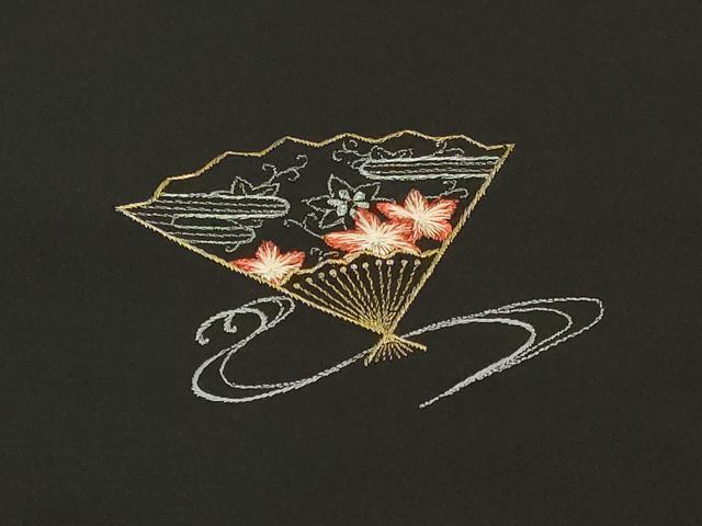 平和屋着物＃羽織 駒刺繍 総刺繍 流水扇面花文 黒地 正絹 逸品 CABK3492in