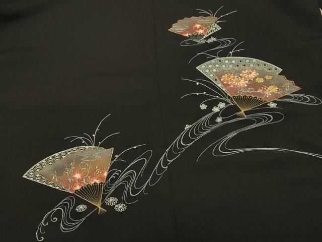 平和屋着物＃羽織 駒刺繍 総刺繍 流水扇面花文 黒地 正絹 逸品 CABK3492in