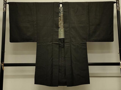 平和屋着物＃男性　長羽織　紬地　縞　黒地　正絹　逸品　CABK3503in