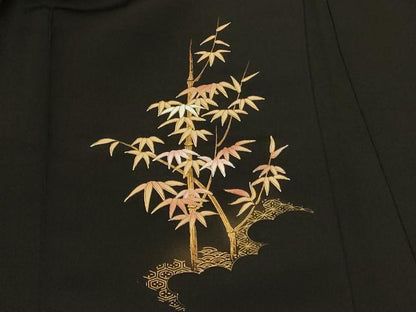 平和屋着物＃羽織 吉祥笹竹文 黒地 金彩 正絹 逸品 CABK3514in