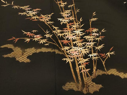 平和屋着物＃羽織 吉祥笹竹文 黒地 金彩 正絹 逸品 CABK3514in