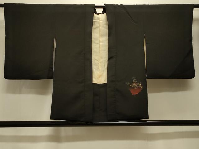 平和屋着物＃羽織 寿光織 枝花文 黒地 金糸 正絹 逸品 CABK3516in