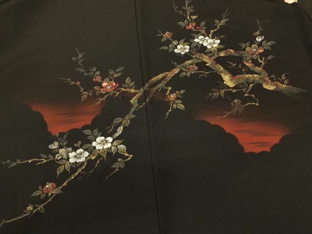 平和屋着物＃羽織 寿光織 枝花文 黒地 金糸 正絹 逸品 CABK3516in