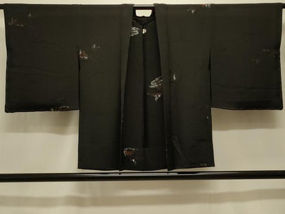 平和屋着物＃羽織 単衣 寿光織 風景文 黒地 銀糸 正絹 逸品 CABK3519in