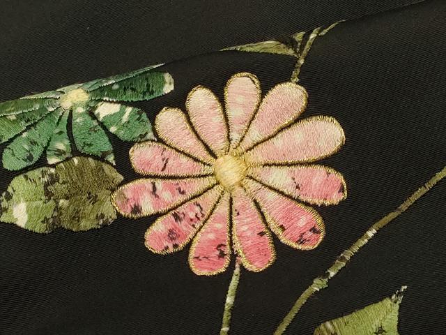 平和屋着物＃羽織 総刺繍 枝花文 黒地 金糸 正絹 逸品 CABK3526in
