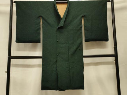平和屋着物＃和装コート　色無地　輪奈織　花菱地紋　クロムグリーン色　ロング丈　正絹　逸品　CABK3528in