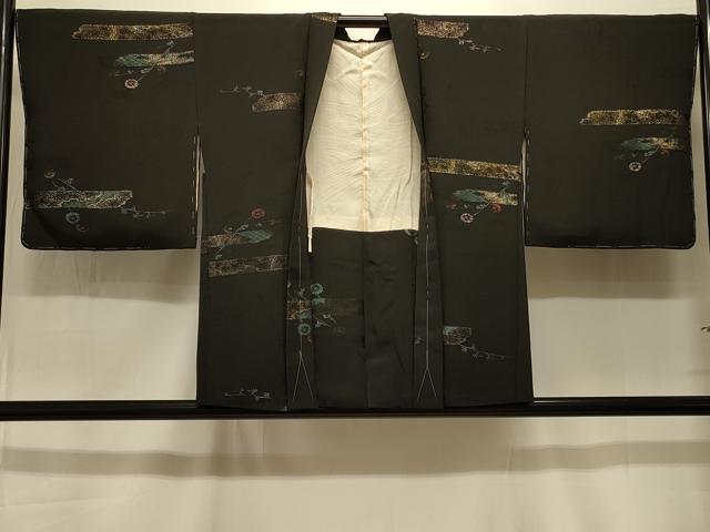 平和屋着物＃羽織 寿光織 枝花文 黒地 金銀糸 正絹 逸品 未使用 CABK3534in