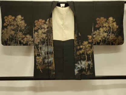 平和屋着物＃羽織 寿光織 樹林文 黒地 金銀糸 正絹 逸品 未使用 CABK3535in