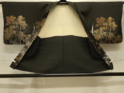 平和屋着物＃羽織 寿光織 樹林文 黒地 金銀糸 正絹 逸品 未使用 CABK3535in