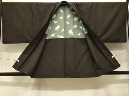 平和屋着物＃男性　羽織　紬地　黒地　正絹　逸品　CABK3541in