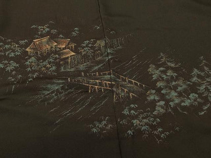平和屋着物＃羽織 寿光織 風景文 黒地 金糸 正絹 逸品 CABK3544in