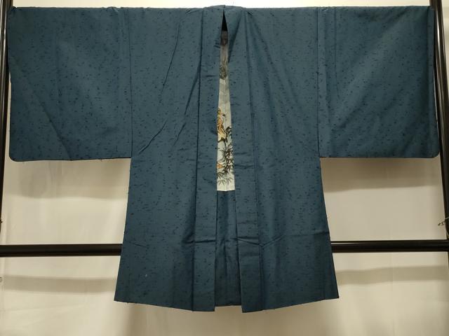 平和屋着物＃男性　長羽織　ひげ紬　高麗納戸色　羽裏：虎・龍　キングサイズ　正絹　逸品　CABK3566in