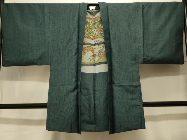 平和屋着物＃男性　長羽織　紬地　80亀甲　総詰め　羽裏：虎・龍　正絹　逸品　CABK3567in