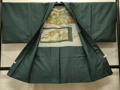 平和屋着物＃男性　長羽織　紬地　80亀甲　総詰め　羽裏：虎・龍　正絹　逸品　CABK3567in