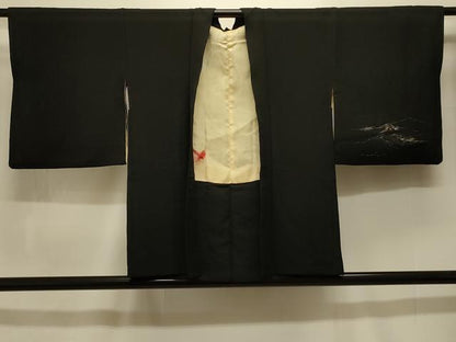 平和屋着物＃羽織 寿光織 遠山風景文 黒地 金銀糸 正絹 逸品 CABK3573in
