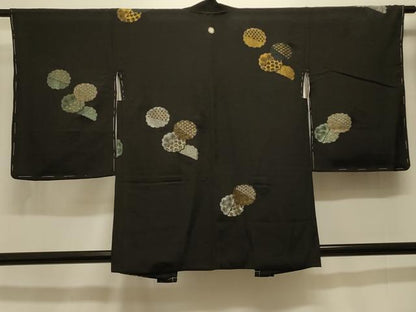 平和屋着物＃羽織 寿光織 雪輪重ね文 黒地 金銀糸 正絹 逸品 未使用 CABK3576in