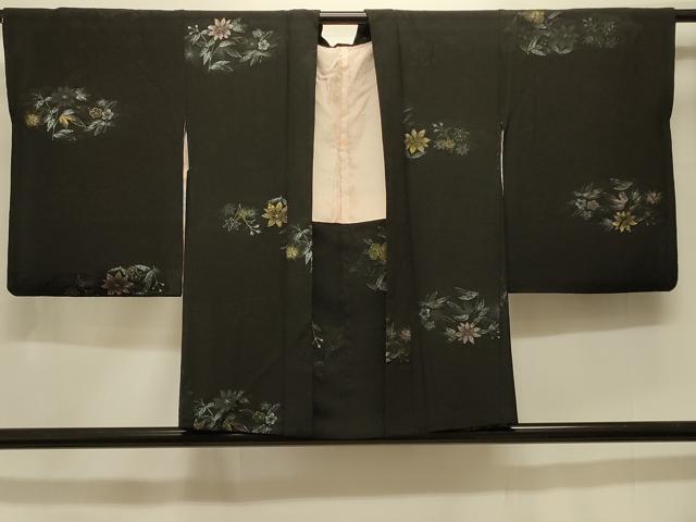 平和屋着物＃羽織 寿光織 草花文 黒地 金糸 正絹 逸品 CABK3577in