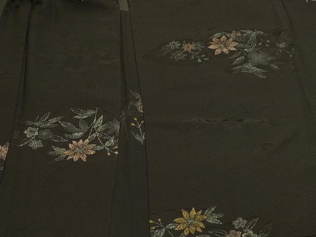 平和屋着物＃羽織 寿光織 草花文 黒地 金糸 正絹 逸品 CABK3577in