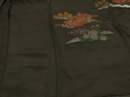 平和屋着物＃羽織 寿光織 風景花文 黒地 銀糸 正絹 逸品 CABK3579in